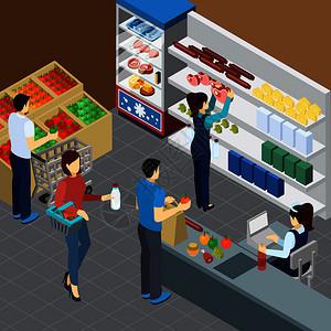 该 插花图片 标题为 超市内部等距海报与人们购物杂货店工作销售员